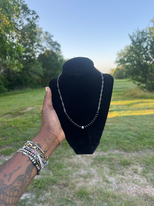 Black Onyx & Sterling Silver Pearl Bar Necklace